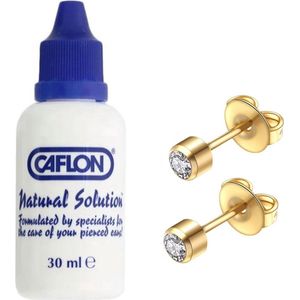 Caflon piercing set steriel verpakte oorknopjes goudkleurig met naturel steen en 1 flesje desinfectie lotion 30ml