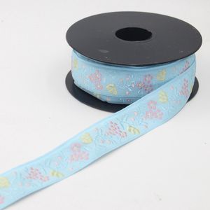 5 Meter JACQUARD LINT/GEWEVEN LINT met Bloemen Motief, Breedte 25MM, Kleur BLAUW