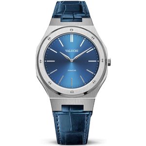 Valuchi Mannen Signature Italiaans Leer Roestvrijstaal Japanse Quartz Horloge - Leer Zilver Blauw