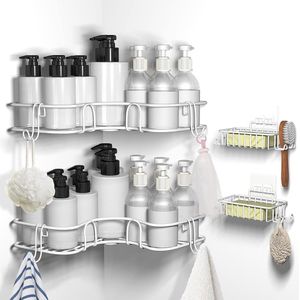 Douchebus, douche-organizer voor keuken badkamer, 4-pack roestvrijstalen douchebus met zeepschaal en 4 haken voor badkameropslag, lijm of boorbevestiging (wit)