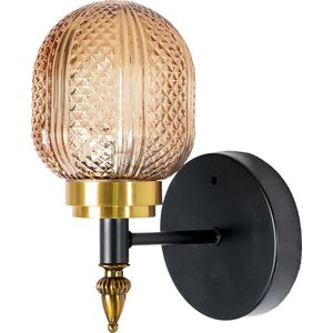 HAES DECO - Wandlamp - Modern Chic - Stijlvolle Lamp, formaat 13x15x23 cm - Goudkleurig / Zwart Metaal en Glas - Muurlamp, Sfeerlamp