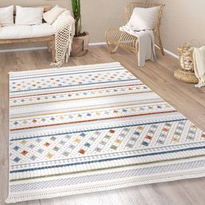 Paco Home Vloerkleed Woonkamer Laagpolig Modern Boho Berber Scandi Geometrisch Franjes 120x170 cm