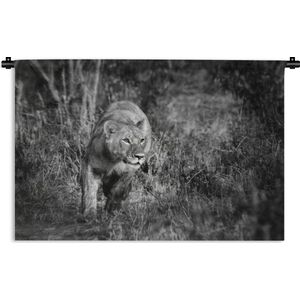 Wandkleed Leeuw in zwart wit - Rennende leeuwin Wandkleed katoen 150x100 cm - Wandtapijt met foto