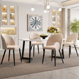 Sweiko Eettafel set, 117 x 68cm eettafel, 4 stoelen, rechthoekige eettafel, zwarte poten, beige fluwelen stoel, verstelbare poten, moderne keuken eettafel set