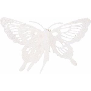 Cosy & Trendy Kerstboomversiering witte glitter vlinder op clip 15 cm