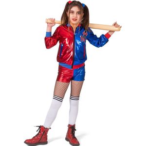 Funny Fashion - Harley Quinn Kostuum - Komische Harley - Meisje - Blauw, Rood - Maat 128 - Carnavalskleding - Verkleedkleding