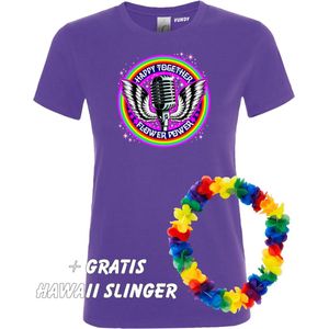 Dames T-shirt Happy Together Flower Power | Love for all | Gay Pride | Regenboog LHBTI | Paars dames | maat XS