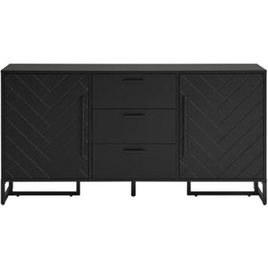 Dressoir Zwarte elegante buffetkast met visgraatmotief, met 2 deuren en 3 laden voor eetkamer, keuken en woonkamer
