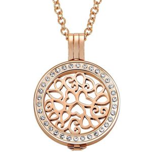 Quiges - Munthouder met Ketting en Munt 25mm Hartjes - RVS Rose Goudkleurig met Zirkonia - EPRHZ675