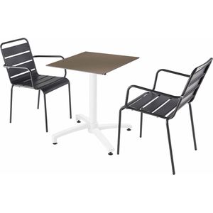 Oviala - Set tuintafel met taupe gelamineerd blad en 2 grijze fauteuils
