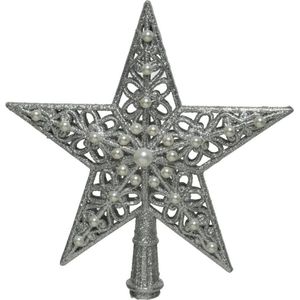 Kunststof ster piek/kerstboom topper zilver 21 cm - Kerstversiering/kerstboomversiering