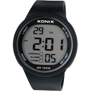 Xonix GJB-A06 - Horloge - Digitaal - Heren - Mannen - Rond - Siliconen band - ABS - Cijfers - Achtergrondverlichting - Alarm - Start-Stop - Chronograaf - Tweede tijdzone - Waterdicht - 10 ATM - Zwart