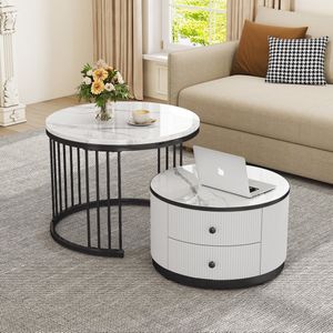 Sweiko 2-delige salontafelset, 60*60*45.5 cm + 50*50*32 cm, buitenkant hoogglans marmer, 2 laden, max. belasting 30 kg, combinatie salontafel wit + zwart