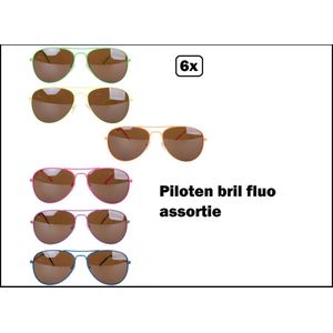 6x Piloten bril fluo frame 6 kleuren assortie - Zonnebril thema feest festival carnaval party race optocht