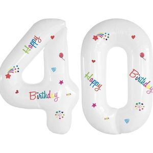 Folie Ballonnen Cijfers 40 Jaar Happy Birthday Verjaardag Versiering Cijferballon Folieballon Cijfer Ballonnen Wit 70 Cm