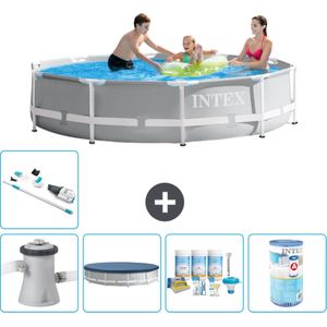 Intex Rond Prism Frame Zwembad - 305 x 76 cm - Grijs - Inclusief Pomp Afdekzeil - Onderhoudspakket - Filter - Stofzuiger