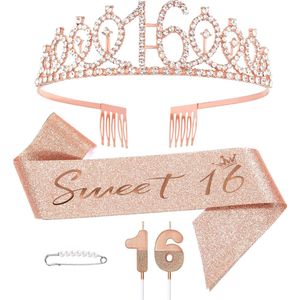 Partizzle Sweet 16 Sjerp met Verjaardagskroon Tiara en Cijferkaars - 16 Jaar Verjaardag Versiering - Sixteen Party - Rose Goud
