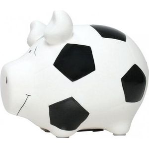 Spaarpot spaarvarken wit met voetbal print 12 cm - Voetbal thema dieren spaarpotten varkens/biggen voor kinderen en volwassenen