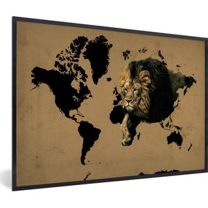 Fotolijst incl. Poster - Wereldkaart - Bruin - Leeuw - 120x80 cm - Posterlijst