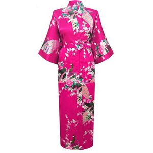 KIMU® Kimono Donkerroze 7/8e - Maat XL-XXL - Yukata Satijn Boven de Enkel - Lange Roze Ochtendjas Japanse Kamerjas Sexy Satijnen Badjas Geisha Pauw Festival