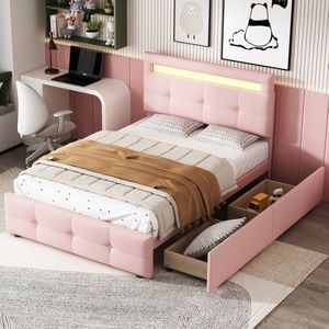 Sweiko Kinderbed, Jeugdbed 90x200cm met LED licht zacht Kussen bed, 2 lades, Huidvriendelijk linnen zacht kussen plat eenpersoonsbed, gastenbed Roze (zonder matras)