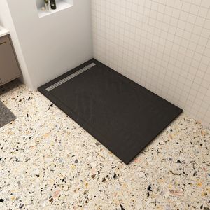Aica 80x110x3cm zwart douchebak, rechthoek，gemaakt van een mengsel van natuursteen en hars, antislip, antibacterieel, met douchegoot rooster en afvoer, verkrijgbaar in verschillende maten