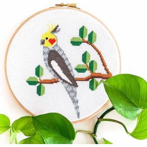 Valkparkiet borduurpakket | Botanisch borduurpakket voor beginners | Tropische vogel borduren | Dieren borduurpakket inclusief borduurring en DMC garen