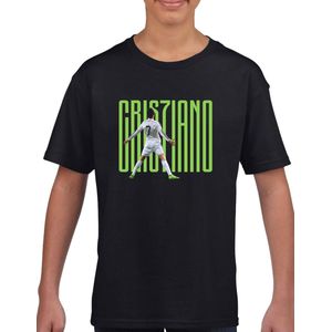 Ronaldo - Kinder T-Shirt - Zwart - Maat 110 /116 - T-Shirt leeftijd 5 tot 6 jaar - Voetbal shirt - Cadeau - Shirt cadeau - CR7 t-shirt - voetbal - verjaardag - Unisex Kids T-Shirt Groene tekst