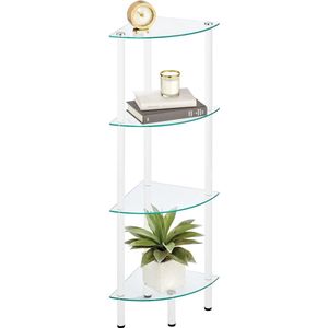 kast met 4 glazen planken – hoekkast van metaal en glas – vitrinekast voor de woonkamer of het kantoor – wit/transparant