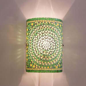 Oosterse mozaïek cilinder wandlamp | 26 cm | glas / metaal | groen| woonkamer lamp | traditioneel / landelijk design