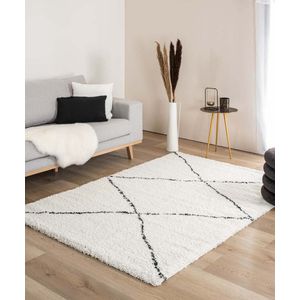 Hoogpolig vloerkleed ruit Artisan - wit/zwart 120x170 cm