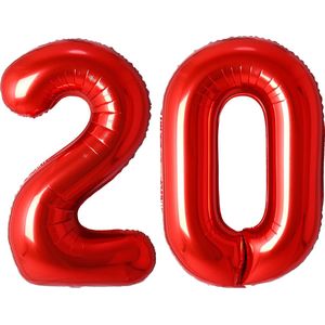 Folie Ballon Cijfer 20 Jaar Rood Verjaardag Versiering Cijfer ballonnen Feest versiering Met Rietje - 36Cm