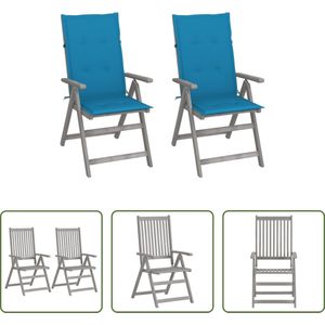 The Living Store Tuinstoelen Set - Acaciahout Greywash - Verstelbaar - 56 x 70 x 110 cm - Blauw Kussen - 2 stuks