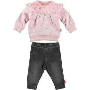 BESS - kledingset - 2delig - Broek Jegging Jogdenim grijs - Sweater roze met zwanen - Maat 68