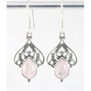 Opengewerkte zilveren oorbellen met rozenkwarts