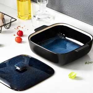 Ovenschotel met deksel, serie SIMO, steengoed erfgoed overdekte rechthoekige braadpan, 2,8 liter keramische braadpan voor bakvormen oven, blauw