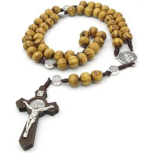 Rozenkrans Licht en donker bruin met grote houten kralen en kruis met Jezus