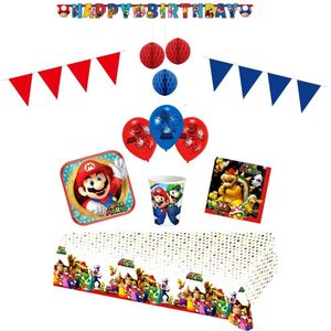 Super Mario - Feestpakket - Deluxe - Feestartikelen - Kinderfeest - 8 Personen - Bekers - Bordjes - Tafelkleed - Servetten - Versiering - Ballonnen - Letterslinger - Honeycombs
