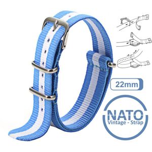 22mm Nato Strap Blauw met Witte streep - Vintage James Bond - Nato Strap collectie - Mannen - Horlogebanden - Blue White Wit - 22 mm bandbreedte voor oa. Seiko Rolex Omega Casio en Citizen