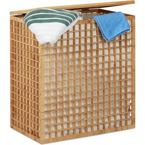 Relaxdays bamboe wasmand - hoekige wasbox - 2 vakken - Mand - 96 liter - 62 x 56 x 35 cm