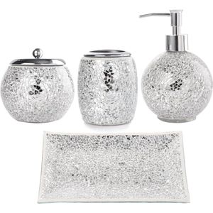 Badkamer accessoires set - 4-delige mozaïek glas, zeepdispenser, lade en zeepbakje (zilver)