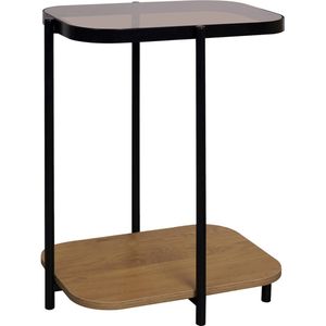 sweeek - Bijzettafel vintage in zwart metaal met 2 tafelbladen (glas en decor hout), met afgeronde randen