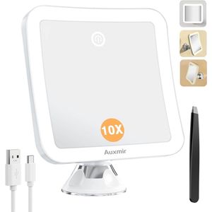 Verlichte Make-up Spiegel met 10x Vergroting en 3 Lichtkleuren - Oplaadbare LED Draaibare Spiegel