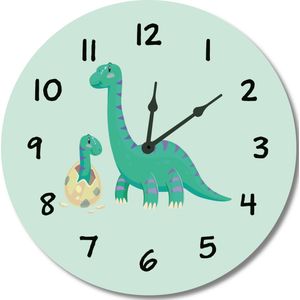 Kinderklok Dino/Dinosaurus mintgroen | STIL UURWERK | dieren wandklok van hout voor kinderkamer en babykamer | decoratie accessoires | jongens en meisjes slaapkamer