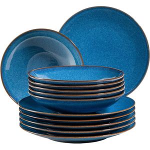 931946 Serie Ossia bordenset voor 6 personen in mediterrane vintage-look, 12-delig modern tafelservies met soepborden en platte borden, koningsblauw, aardewerk