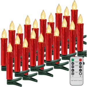 20 Stuks Kerstboomkaarsen - LED Met Afstandsbediening - Timer - Dimbare Kerstkaarsen - Draadloos - Elektrische Staafkaarsen - Vlamloze Kerstkaarsen - Rood