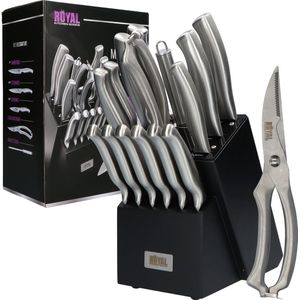 ROYAL KITCHEN GOODS® - 16-delige Messenset met Blok en Vleesschaar - Keukenmessen met Messenblok - Messenhouder
