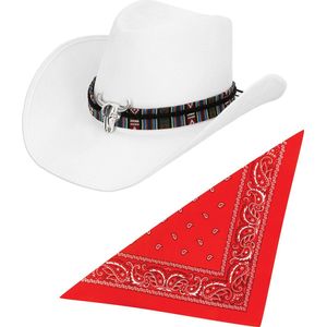 Carnaval verkleedset luxe model cowboyhoed Rodeo - wit - en rode hals zakdoek - voor volwassenen