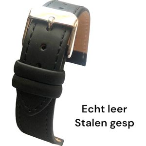 Horlogeband-horlogebandje-20mm-echt leer-zacht-mat-plat-zwart-stalen gesp-leer-20 mm