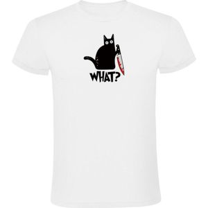 Zwarte kat met een bebloed mes Heren T-shirt - dieren - halloween - poes - duivel - bloed - cat - kitten - horror - huisdier - meme - humor - grappig